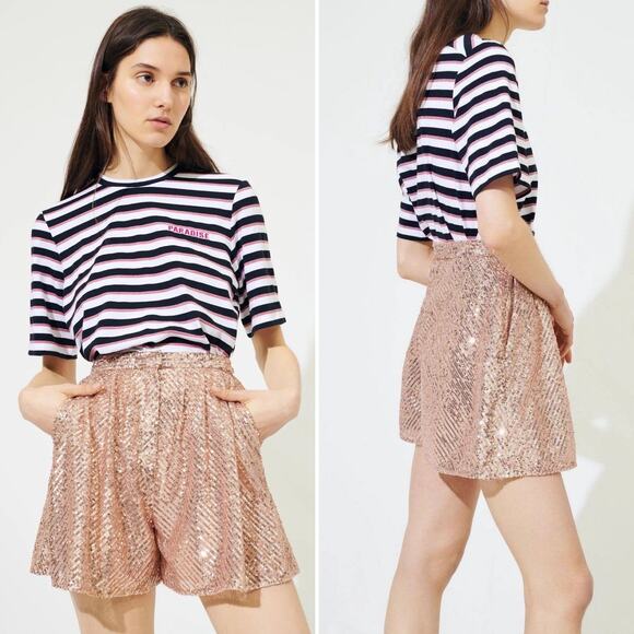NWT MAJE Sequin Shorts In Metal Pink Size XS Rose Gold Flouncy Dress Shorts Chic - Picture 3 of 16